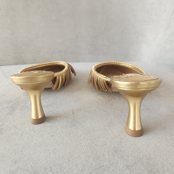 Antonio Melani Jennifer Sumko Mules 5.5 Gold Leather Mimi Fringe Pointy New $130 - Picture 9 of 13